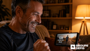Man smiles while looking at a tablet showing a running app with '10K' and a timer, indoor living room setting with a lamp in the background and Groupe Défis logo.